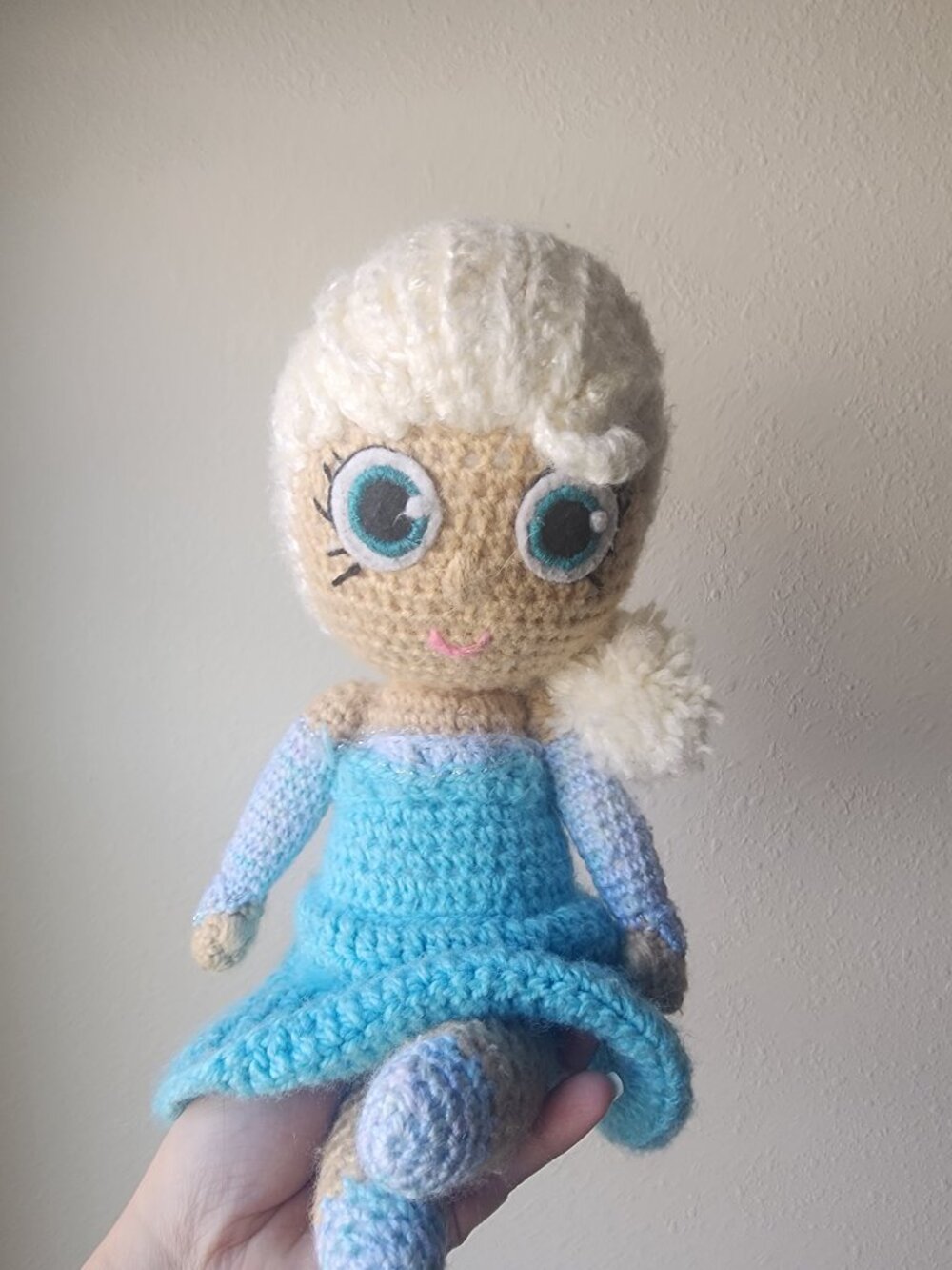 Handmade Crochet Elsa Inspired Doll 13" Blue Dress White Hair Amigurrumi